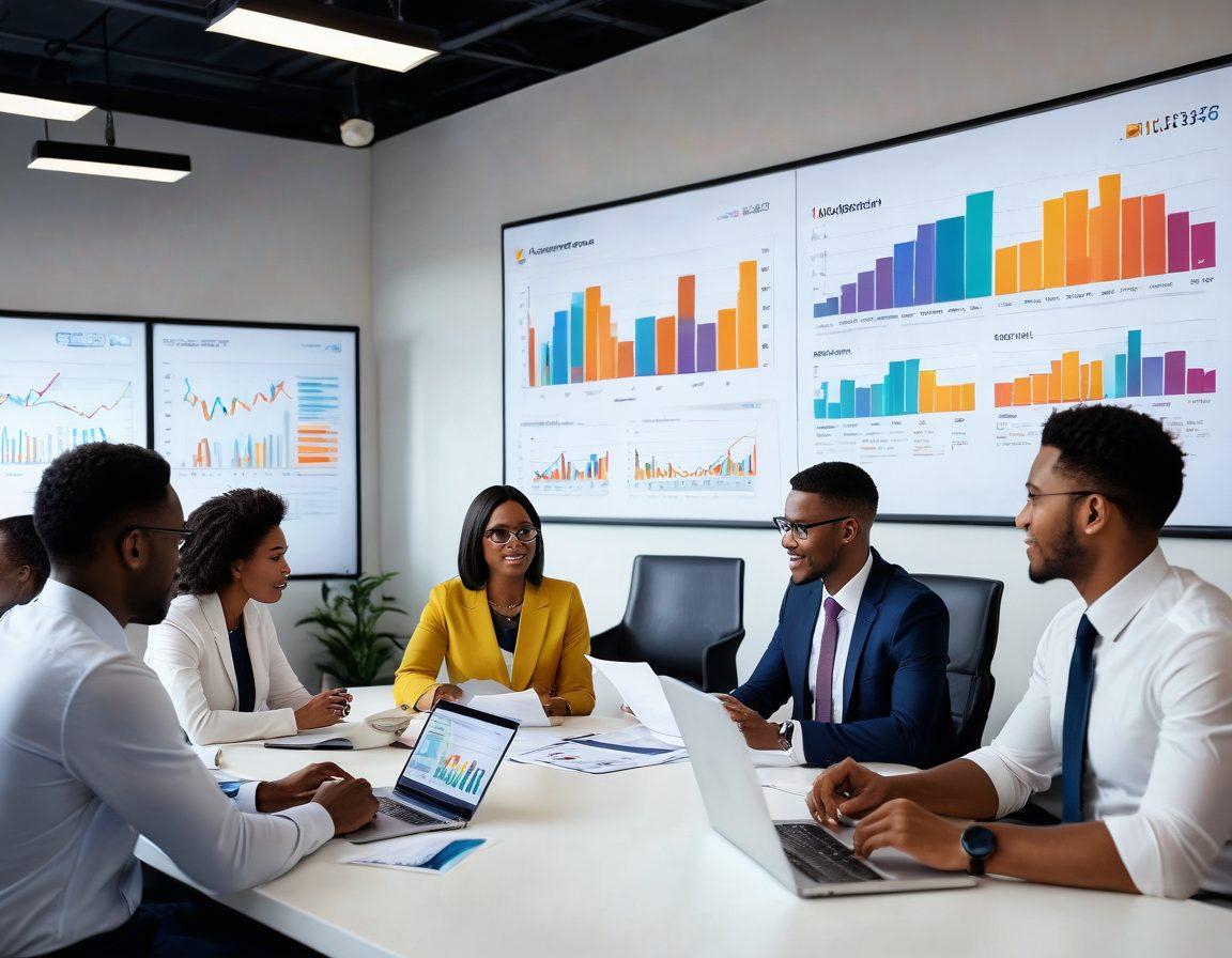 A diverse group of professionals engaging in a dynamic discussion about insurance careers in a modern office setting, with charts and graphs illustrating job market trends displayed on screens in the background. Various individuals are holding resumes and laptops, symbolizing opportunity and collaboration. The environment is bright and inviting, conveying a sense of enthusiasm and potential. super-realistic. vibrant colors.