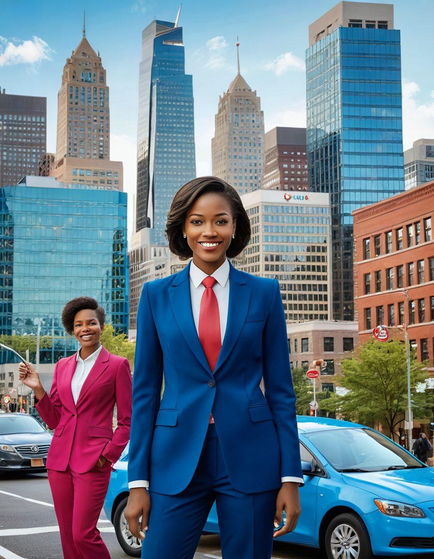 A diverse group of professionals in business attire joyfully collaborating, surrounded by symbols of the insurance industry like houses, cars, and health symbols, with hearts subtly integrated into the designs to represent love for their jobs. Bright, optimistic colors fill the scene to evoke a sense of hope and passion for careers. The backdrop features an urban skyline symbolizing opportunity and growth. super-realistic. vibrant colors. 3D.