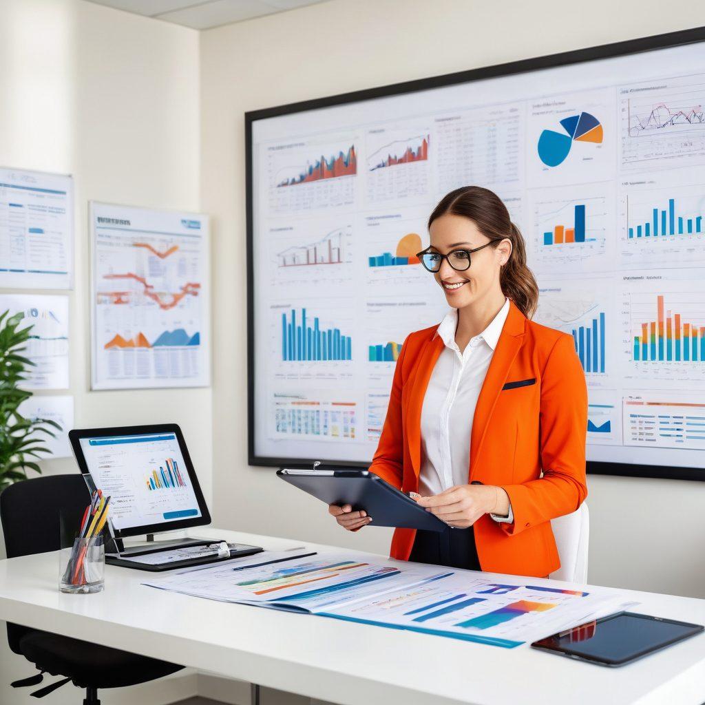 A confident insurance professional standing in an office filled with light, holding a clipboard while analyzing data on a digital tablet. Surrounding them are motivational posters about passion and success in the workplace, alongside stacks of insurance brochures. In the background, a team collaborates enthusiastically around a table with charts and graphs. The scene emanates positive energy and ambition. super-realistic. vibrant colors. white background.